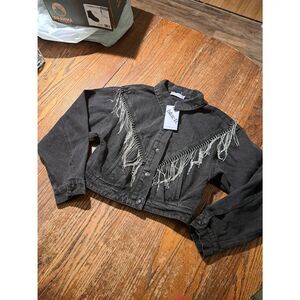 New blue b. collection Womens Small Black Denim Rhinestone Fringe Jean Jacket